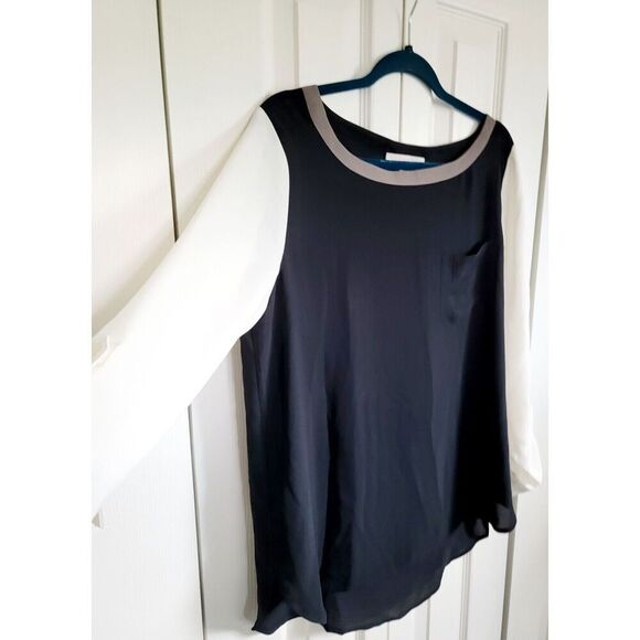 Ann Taylor Loft L Colorblock Pullover Roll Tab Sleeve Blouse Tan Black Eggshell - Picture 2 of 6